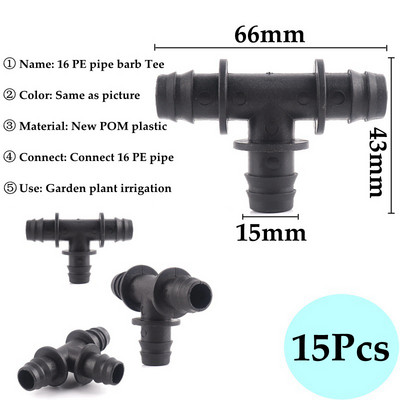 16mm PE Pipe Garden Water Connector 8/11 and 4/7mm Hose Joint Botany System Irigation Hose Fitting Valve Barb Through Tee Joint