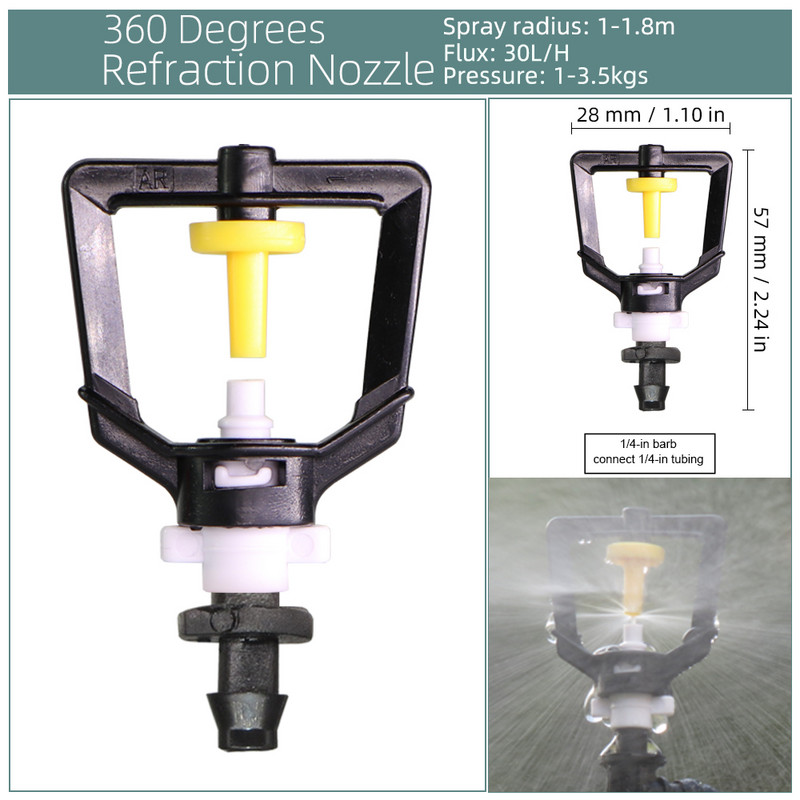 Üvegházi öntözés 360 refrakciós mikrofúvóka kerti csepegtető öntöző permetező rendszer függő párásító permetező 4/7 mm-es horddal