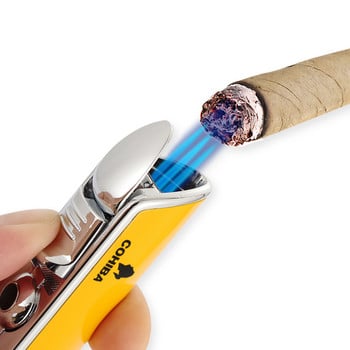 Запалка COHIBA Metal 3 Jet Butane Gas Torch Smoking Lighter W/ Punch Punch Stripe Sharp Запалка за пури
