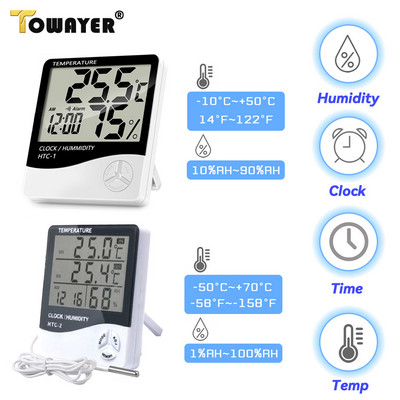 LCD skaitmeninis temperatūros drėgmės matuoklis vidaus lauko elektroninis termometras higrometras orų stoties laikrodis HTC-1 HTC-2