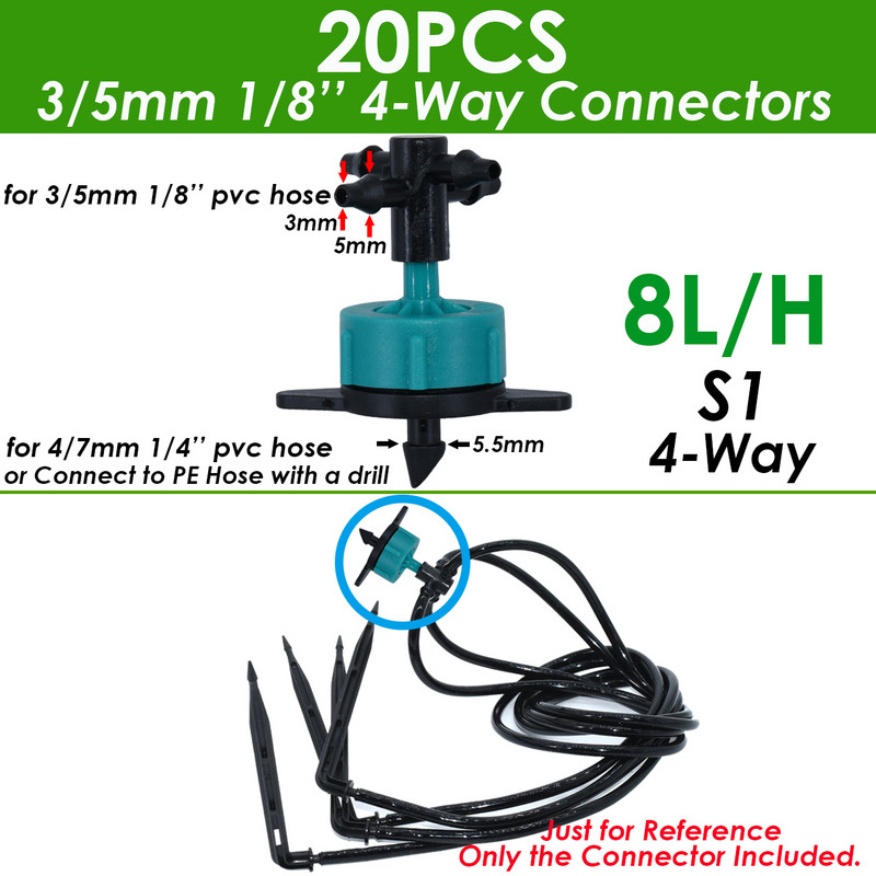 Kerti 1/8"-os csepegtető öntöző 4 utas vízcső csatlakozó 4/7mm-től 3/5mm-ig tömlőhajlítás nyíl Emitter csepegtető öntözési szerelvény