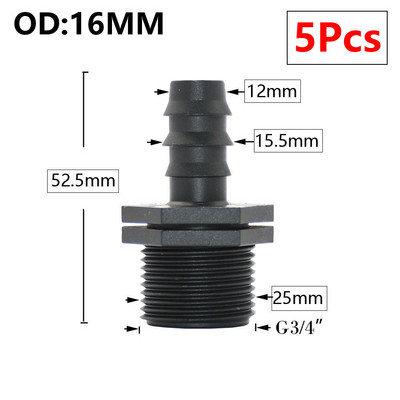 5db 16/20/25/32 mm-es kerti tömlő PE cső horgas csatlakozó 1/2 3/4 1"-os menetes egyenes könyökcsatlakozó mezőgazdasági öntözési kötésekhez