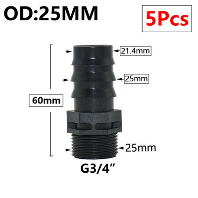 5db 16/20/25/32 mm-es kerti tömlő PE cső horgas csatlakozó 1/2 3/4 1"-os menetes egyenes könyökcsatlakozó mezőgazdasági öntözési kötésekhez