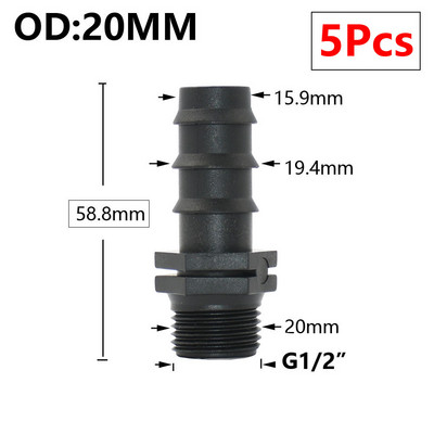 5db 16/20/25/32 mm-es kerti tömlő PE cső horgas csatlakozó 1/2 3/4 1"-os menetes egyenes könyökcsatlakozó mezőgazdasági öntözési kötésekhez