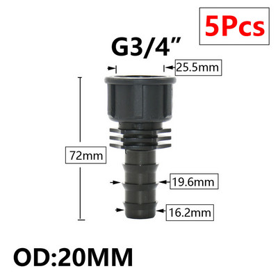 5db 16/20/25/32 mm-es kerti tömlő PE cső horgas csatlakozó 1/2 3/4 1"-os menetes egyenes könyökcsatlakozó mezőgazdasági öntözési kötésekhez