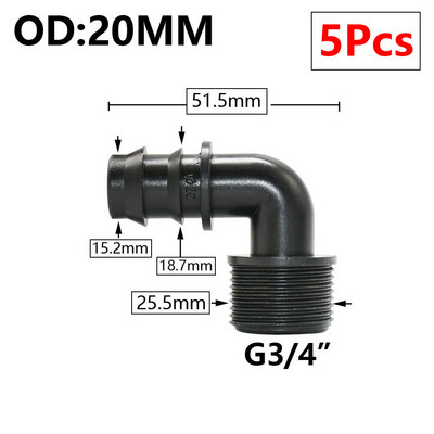 5db 16/20/25/32 mm-es kerti tömlő PE cső horgas csatlakozó 1/2 3/4 1"-os menetes egyenes könyökcsatlakozó mezőgazdasági öntözési kötésekhez