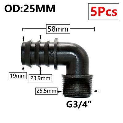 5db 16/20/25/32 mm-es kerti tömlő PE cső horgas csatlakozó 1/2 3/4 1"-os menetes egyenes könyökcsatlakozó mezőgazdasági öntözési kötésekhez