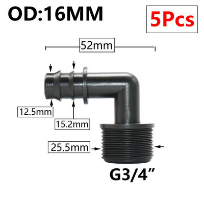 5db 16/20/25/32 mm-es kerti tömlő PE cső horgas csatlakozó 1/2 3/4 1"-os menetes egyenes könyökcsatlakozó mezőgazdasági öntözési kötésekhez