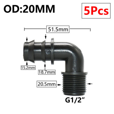 5db 16/20/25/32 mm-es kerti tömlő PE cső horgas csatlakozó 1/2 3/4 1"-os menetes egyenes könyökcsatlakozó mezőgazdasági öntözési kötésekhez