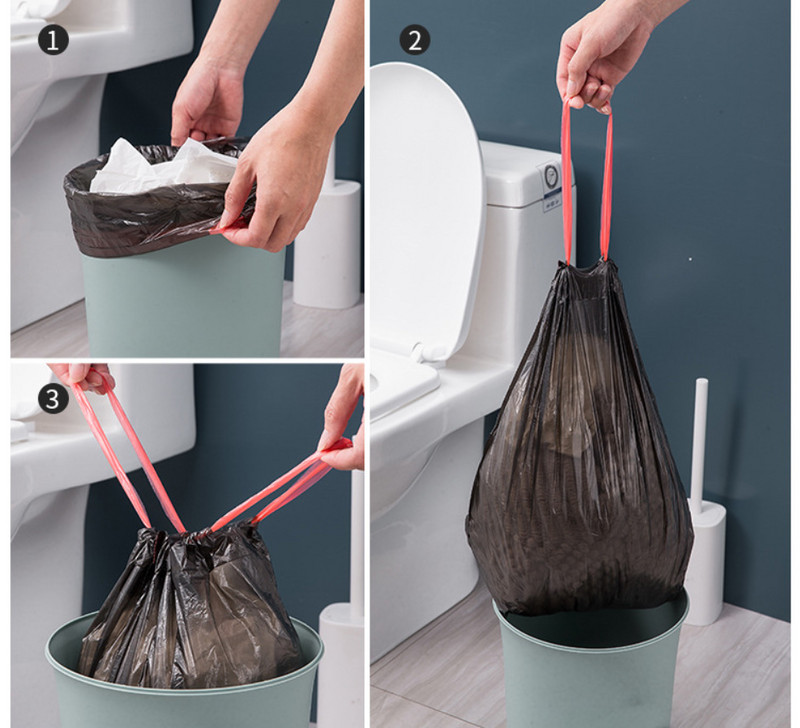 Háztartási hordozható megvastagított szemeteszsák húzózsinórral záródó konyhai szemetes zsák eldobható nagy szuper teherbíró