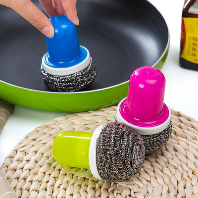 Steel Wire Ball Cleaning Brush with Handle Kitchen Cleaner Tool for Washing Pot Dish Pan Bowl Scouring Pads Practicle Brush U3