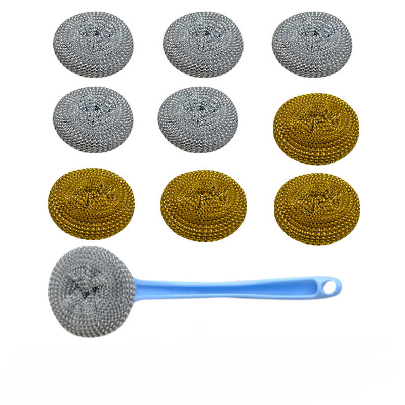 Terasest traatkuuliga nõude puhastushari roostevabast terasest pika käepidemega käsnapallide puhastusvahend potinõude pesemiseks.