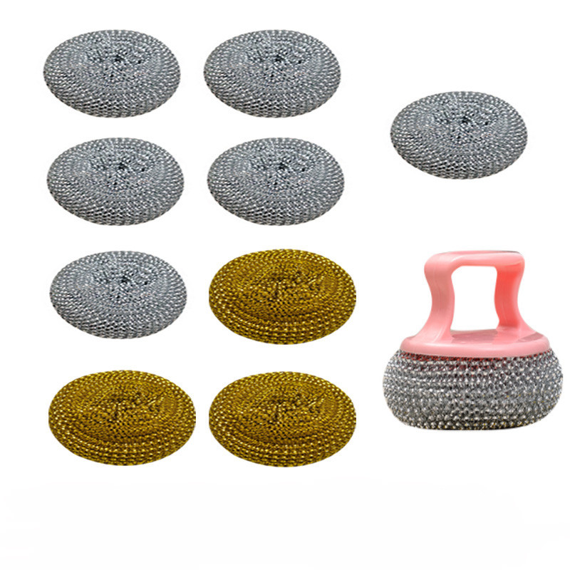 Terasest traatkuuliga nõude puhastushari roostevabast terasest pika käepidemega käsnapallide puhastusvahend potinõude pesemiseks.