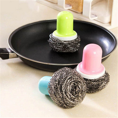Steel Wire Ball Cleaning Brush with Handle Kitchen Cleaner Tool for Washing Pot Dish Pan Bowl Scouring Pads Practicle Brush