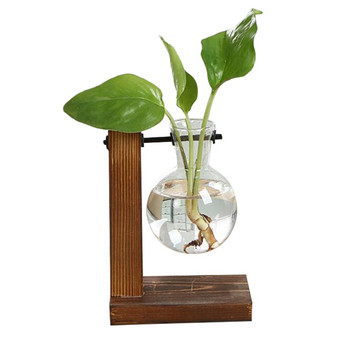 Терариум Хидропонни вази за растения Винтидж саксия за цветя Прозрачна ваза Дървена рамка Стъклен плот Растения Домашен бонсай декор