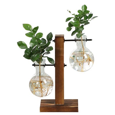 Terrarium Hydroponic βάζα φυτών Vintage γλάστρα Διαφανές βάζο Ξύλινο πλαίσιο Γυάλινο επιτραπέζιο φυτά Διακόσμηση μπονσάι σπιτιού