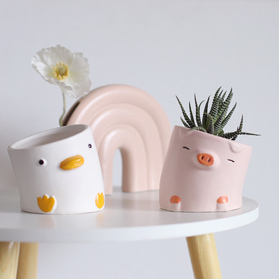 Ghiveci de flori cu animale drăguțe din desene animate, balcon pentru birou, ghiveci de plantare suculente, ghiveci de decorare, ghiveci din ceramică de rață strâmbă și porc