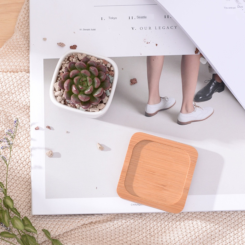 Geometrikus fehér kerámia négyzet alakú bonsai növénytartó Kis zamatos virágcserepek Modern kis kaktusz vázák bambusz tálca irodai dekoráció