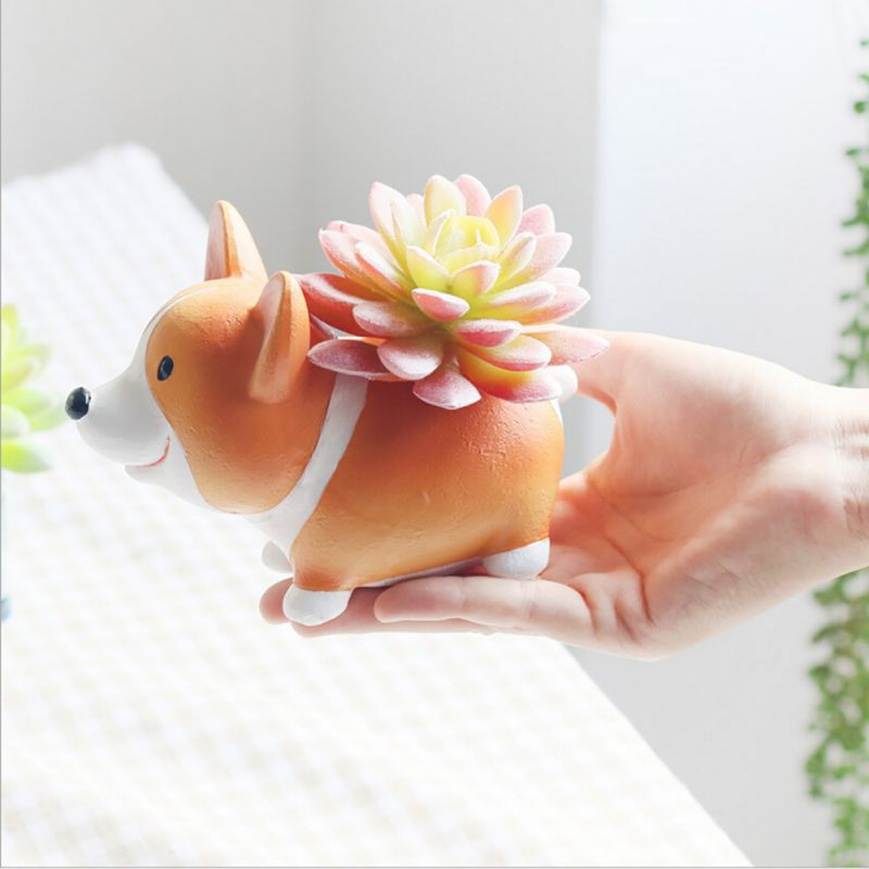 Rajzfilm aranyos kis rövid lábú corgi kutya baba kis virágcserép gyanta növény zamatos bonsai kert hálószoba asztali dekoráció