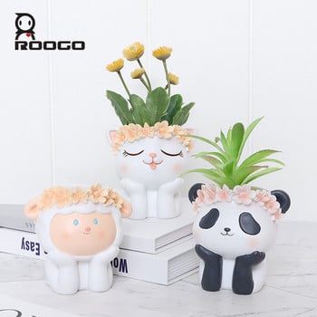 ROOGO Resin Cartoon Animals Σχεδίαση χυμώδεις γλάστρες με γλάστρα αποστράγγισης για εσωτερική εξωτερική χαριτωμένη φυτευτή κουνελιών κάκτων