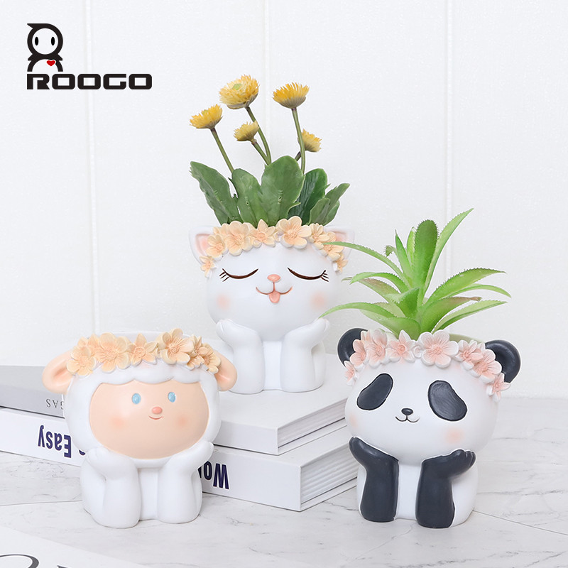 ROOGO Resin Cartoon Animals Design zamatos cserepek vízelvezető virágcserepekkel beltéri, kültéri aranyos kaktusz nyúlültetőhöz