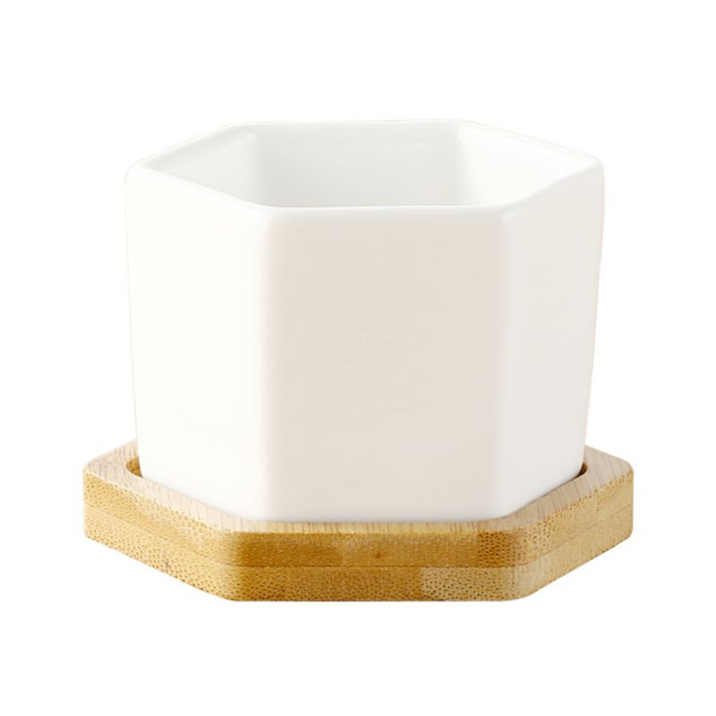 Kerámia virágcserép zamatos ültetőgép fehér hatszögletű virágcserepek kaktuszokhoz vízelvezető lyukkal és bambusz tálcával, kerti cserepekkel