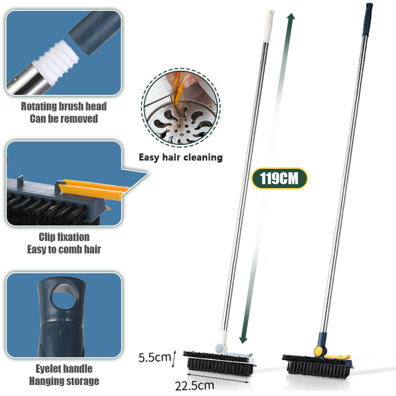 Grīdas tīrīšanas birste ar garu rokturi, klāja suka ar ķemmes zobiem un rakeli, 2-in-1 grīdas tīrītājs vannas istabai un virtuvei