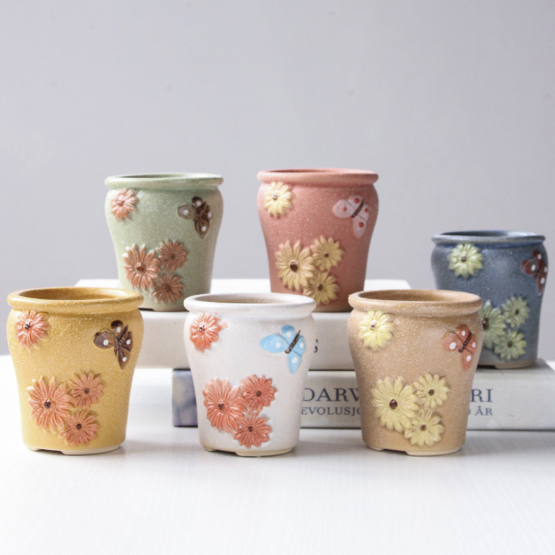 ÚJ, színesre festett dombornyomott zamatos kerámia mini virágcserep Szép fagyos zöld növényi medencedísz Otthon Kreatív Kertészet