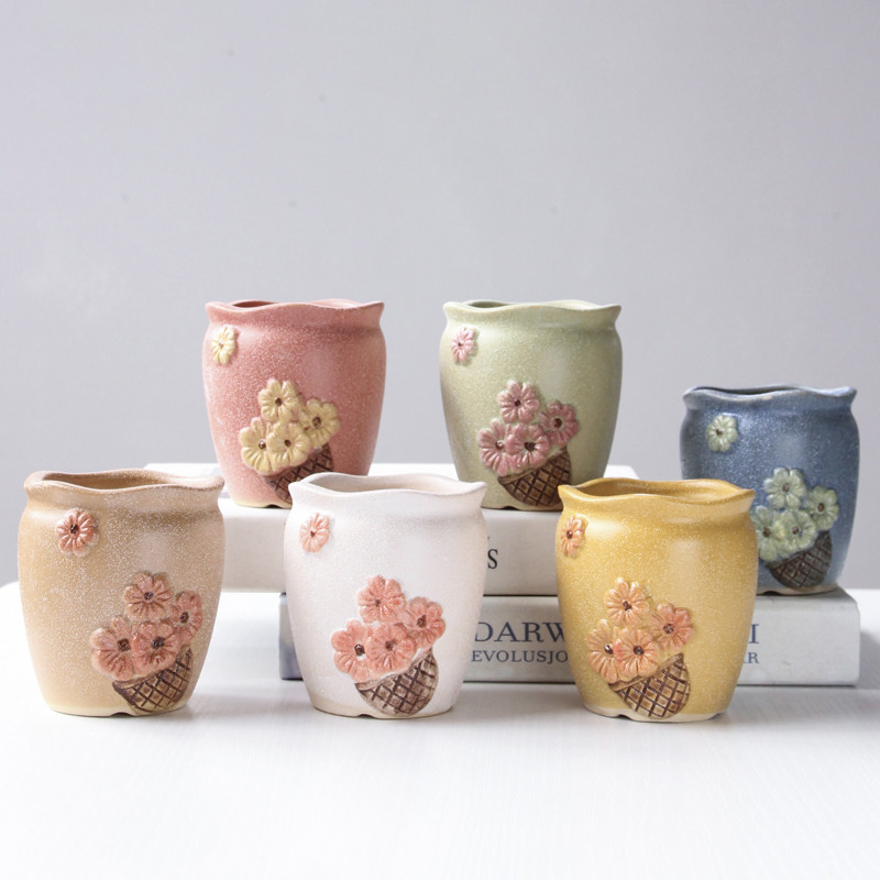 ÚJ, színesre festett dombornyomott zamatos kerámia mini virágcserep Szép fagyos zöld növényi medencedísz Otthon Kreatív Kertészet