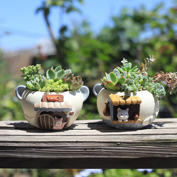 Creative Planter for Succulents Air Plants Γλάστρα από ρητίνη Διακοσμητικό στολίδι Fairy Garden Figurines Fox Cat Decor