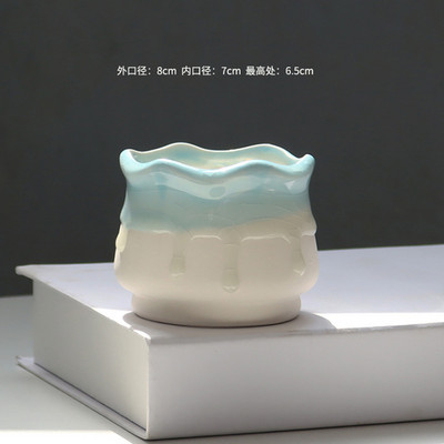 Koreai, szép tojás formájú, folyékony mázas kerámia zamatos virágcserép egyszerű asztali zöld növény, kerek medence otthoni kreatív kertészkedés