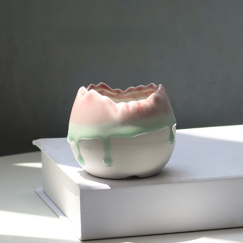 Koreai, szép tojás formájú, folyékony mázas kerámia zamatos virágcserép egyszerű asztali zöld növény, kerek medence otthoni kreatív kertészkedés