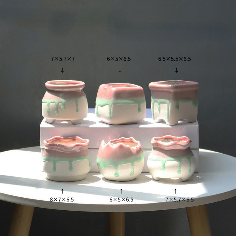 Koreai, szép tojás formájú, folyékony mázas kerámia zamatos virágcserép egyszerű asztali zöld növény, kerek medence otthoni kreatív kertészkedés