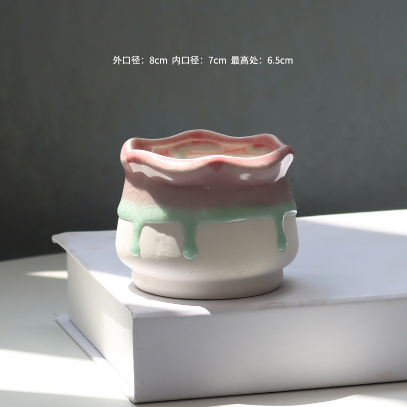 Koreai, szép tojás formájú, folyékony mázas kerámia zamatos virágcserép egyszerű asztali zöld növény, kerek medence otthoni kreatív kertészkedés