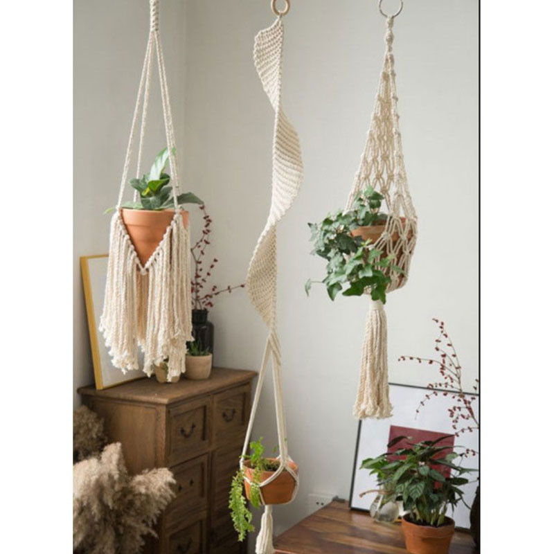 Makramé dekoráció Függő kosarak Növényakasztók Pamut szoba Kézzel készített szőtt virágcserép háló Akasztó Virágcseréptartó Kosár