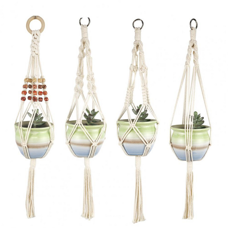 Függesztett kosarak Kézzel szőtt ültetőgép Könnyen felszerelhető Pamut kötél Makramé Design Függesztett növénykosár lakberendezés