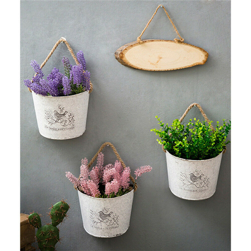 1db Vintage fém virágváza pásztor stílusú rusztikus vas falra szerelhető virágcserepes virágtartók erkélyes kerti növényhez kötéllel