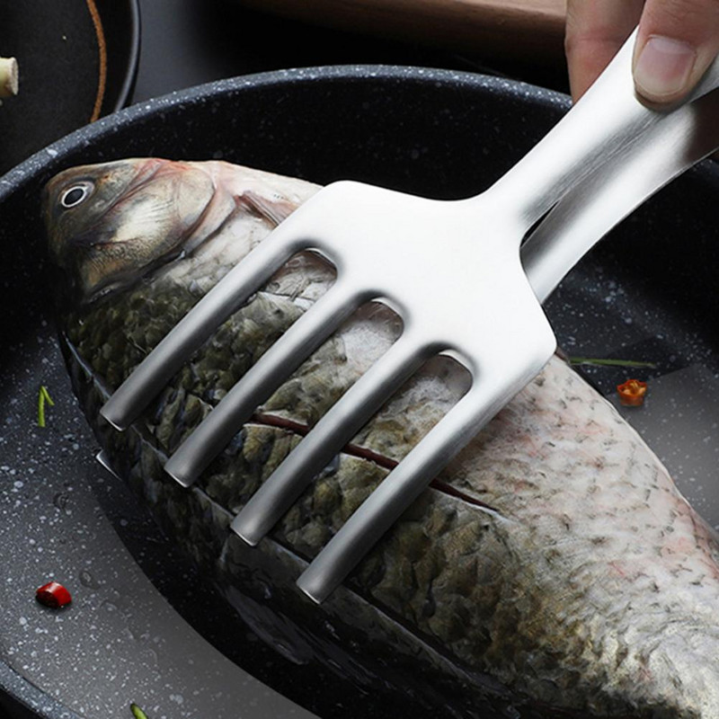 Grillezőfogók Rozsdamentes acél deformációgátló tálalófogók Üreges, faragott kivitelű hornyos fogantyú ételbilincs hőálló ételfogó