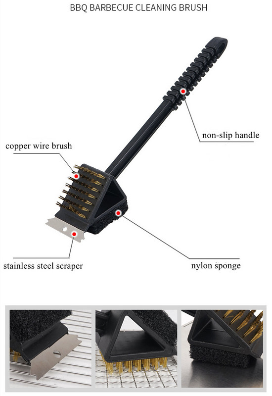 3 az 1-ben réz drótkefék kültéri kemping piknik grillező kefe hosszú nyelű grillkefe szivacskaparóval többszerszám