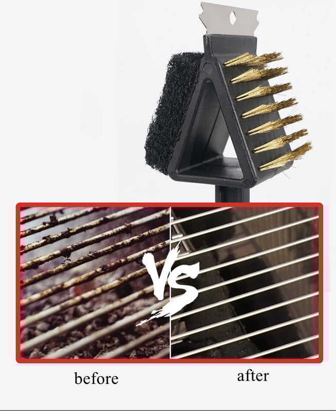 3 az 1-ben réz drótkefék kültéri kemping piknik grillező kefe hosszú nyelű grillkefe szivacskaparóval többszerszám