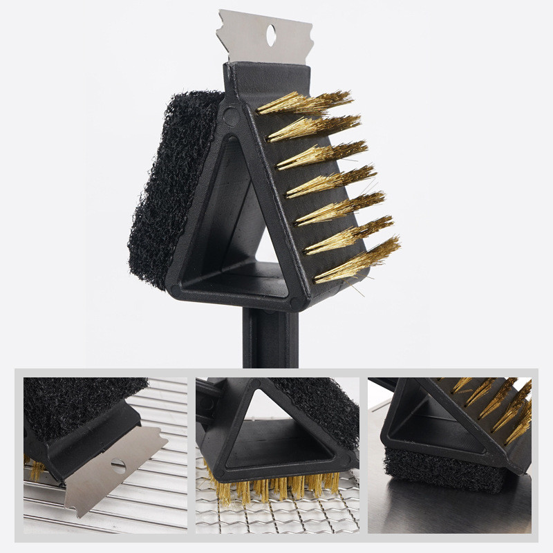 3 az 1-ben réz drótkefék kültéri kemping piknik grillező kefe hosszú nyelű grillkefe szivacskaparóval többszerszám