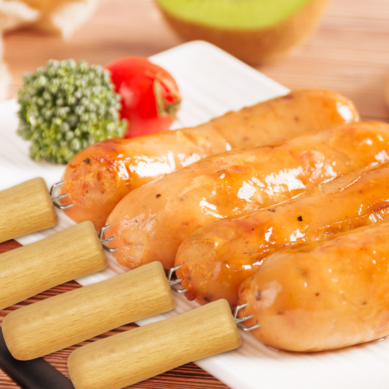 4 gabali nerūsējošā tērauda kukurūzas turētāji, koka rokturi, rokas iesmi āra grilēšanai, dakšiņas, dārza piknika gatavošanas rīki