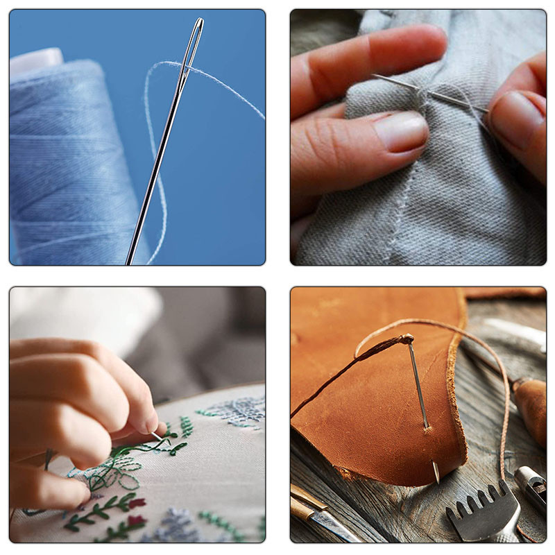 9 db varrási kiegészítők nagy szemek, tompa varrótűk keresztszemes kötőtű, kézzel készített bőr hímző cérna tű