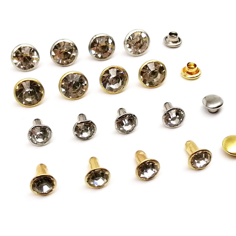 100 σετ Ορειχάλκινο Χρυσό Ασήμι 6mm 8mm Τσέχικο Κρυστάλλινο Στρας Διακόσμηση με καρφιά Diamante Stud Spot για δερμάτινη τσάντα Καπέλο μπουφάν παπουτσιών DIY