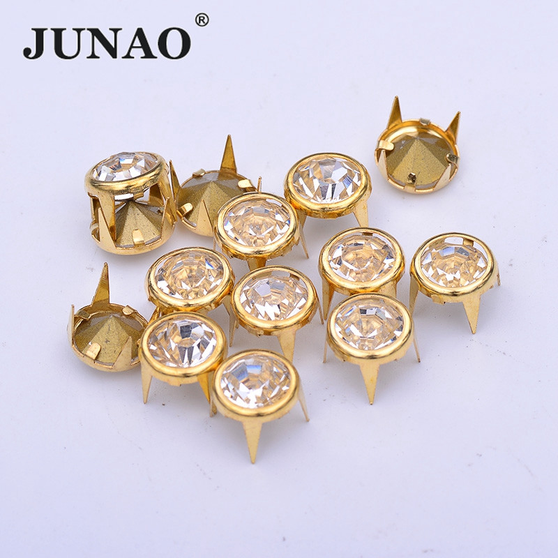 JUNAO 50Gb 10mm Random Mix Color Rhinestone kniede Zelta misiņa tapas Metāla kniedes Dekoratīvā kniede Ādas apģērbiem Apaviem