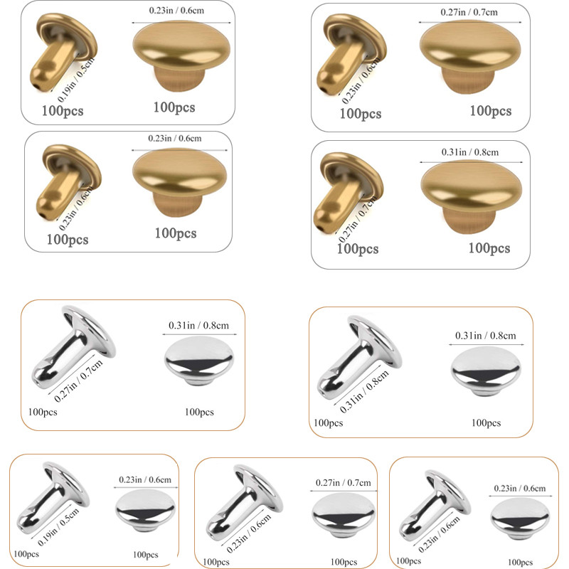 TLKKUE 100 бр. Кожени метални копчета Нитове Подходящи пластмасови легла за пръсти Кожени инструменти за занаяти Аксесоари Комплект метални шпилки