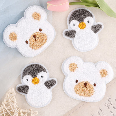 Cute Penguin Animal Towel Embroidered Patches Towel Woolen Embroidered Bear Jacket Patch Sewing On Sticker Clothes Decorative