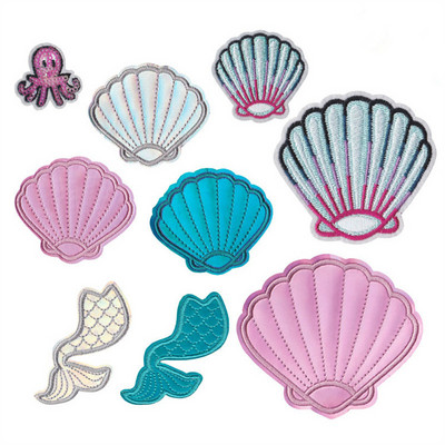 Pretty Shell Mermaid Squid Leather Parches Embroidery Iron on Patches for Clothing DIY Sea Stripes Clothes Stickers Appliques