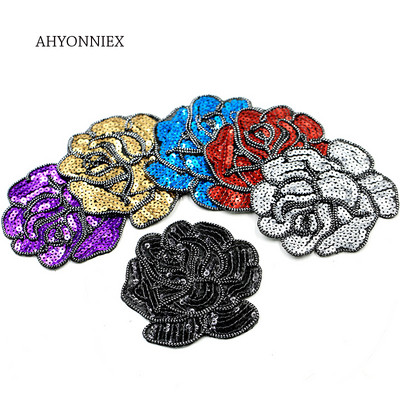 AHYONNIEX 5pcs/lot Sequined Bead Brand Rose Flower Cloth Patches Iron on Applique Bag Stickers on Clothes