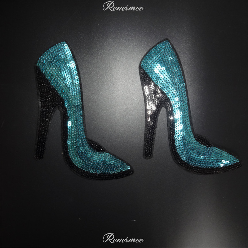 2 Ζευγάρια Κέντημα Ράψτε Σίδερο σε Patch Badge Ρούχα Μεταφορές ύφασμα Δαντέλα Απλικέ παγιέτες Ψηλοτάκουνα Αξεσουάρ DIY 10X15cm